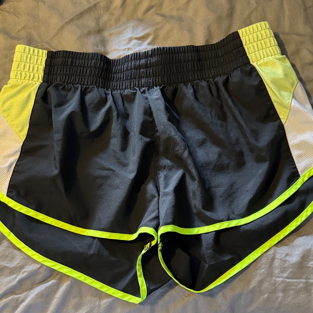 Nike Black and Neon Yellow Women's Athletic Shorts